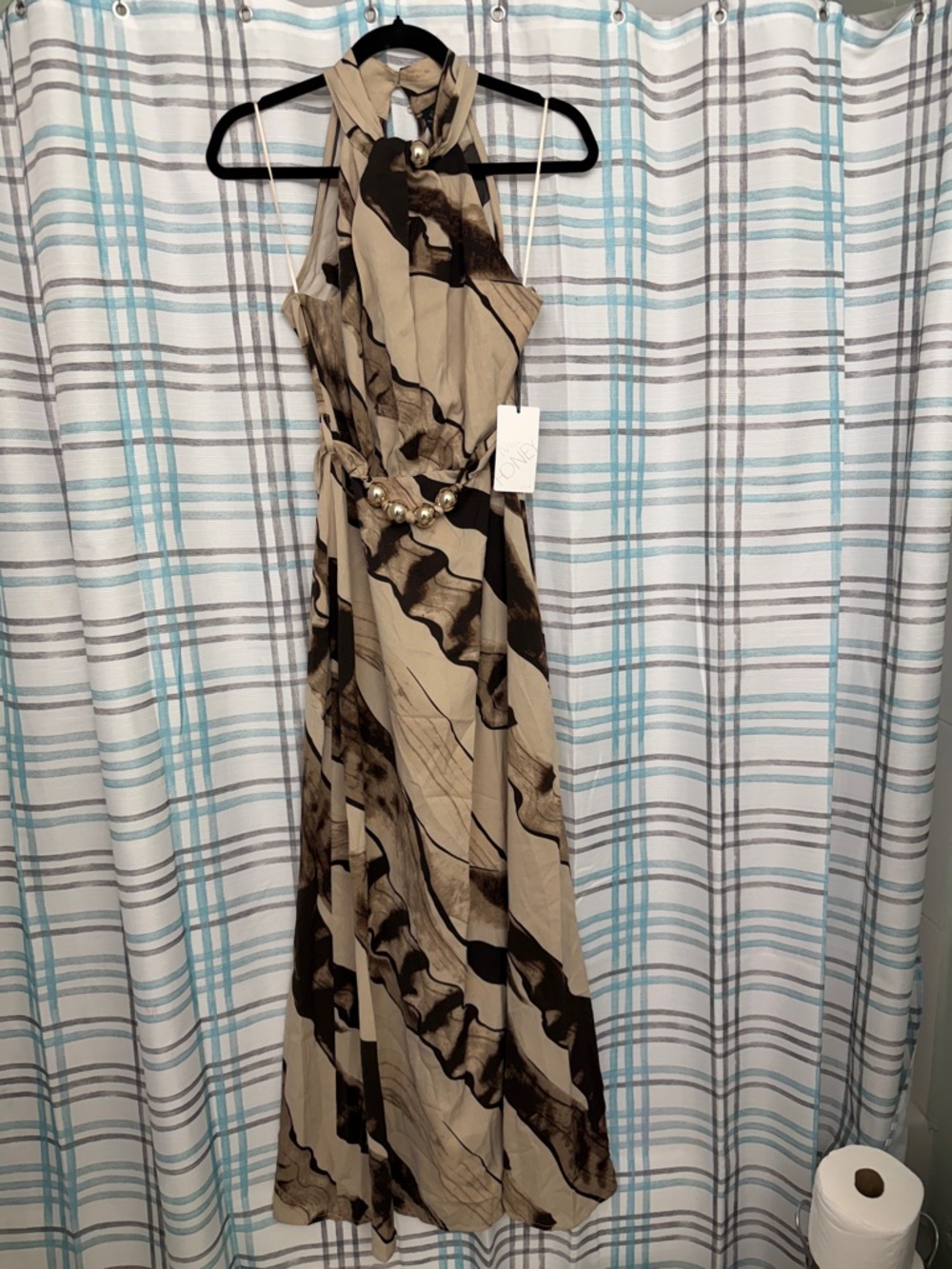 Beige and Black Halter Maxi Dress with Abstract Print